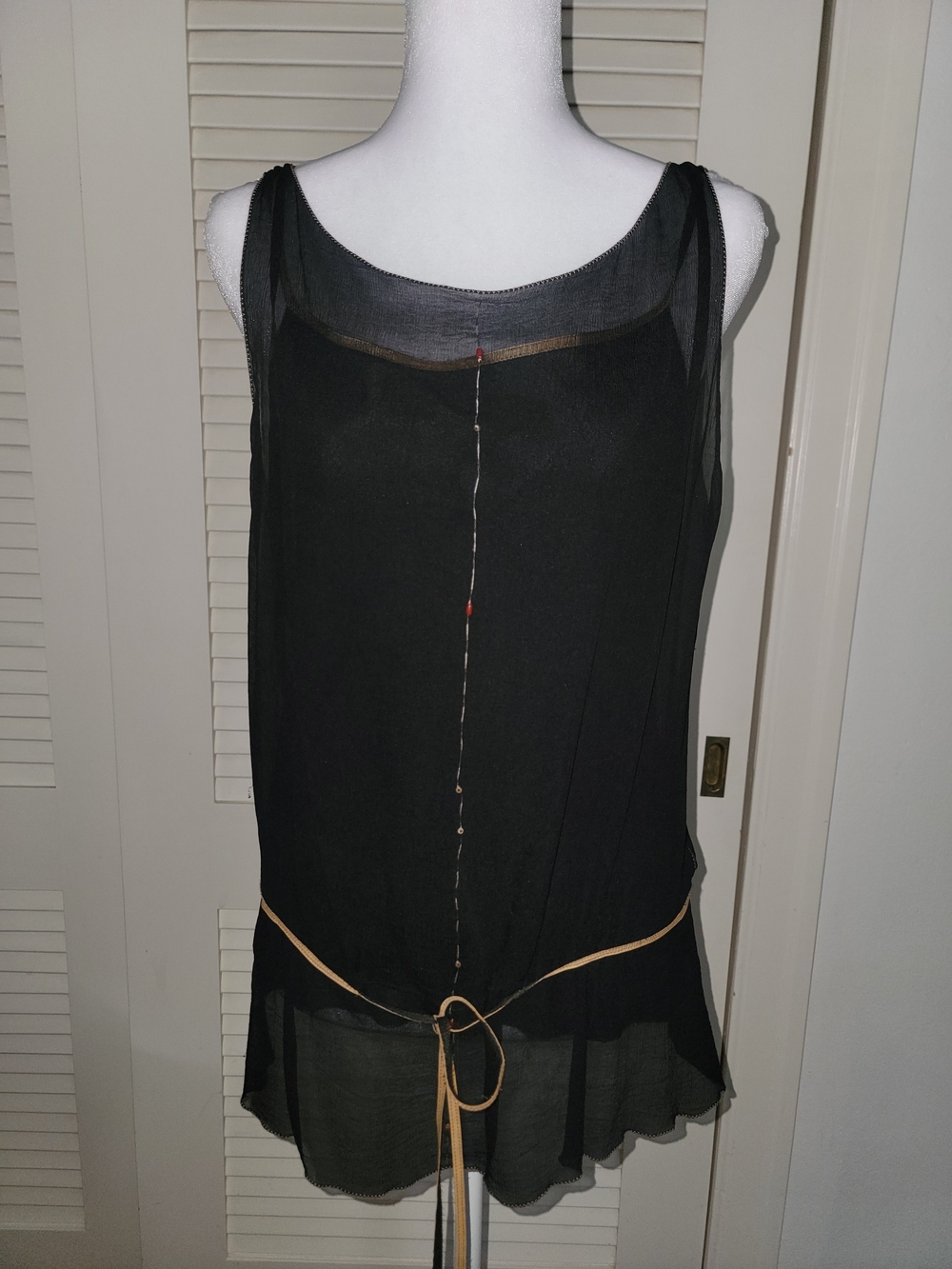 Rozae Nichols Black Sheer Layered Camisole with Tan Leather Waist Tie